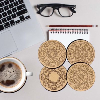 Set of 4 Mandala Art Wooden Round Coaster for Dining Table, Coaster for Home Decor, Coaster for Office Table | Gift for Tea Lover | MDF Coasters for Art and Craft